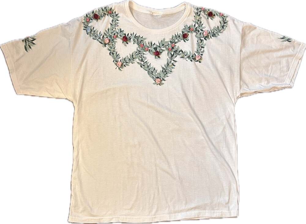 Vintage 90s Handmade Floral Applique T-Shirt with Ribbon Roses and Glitter